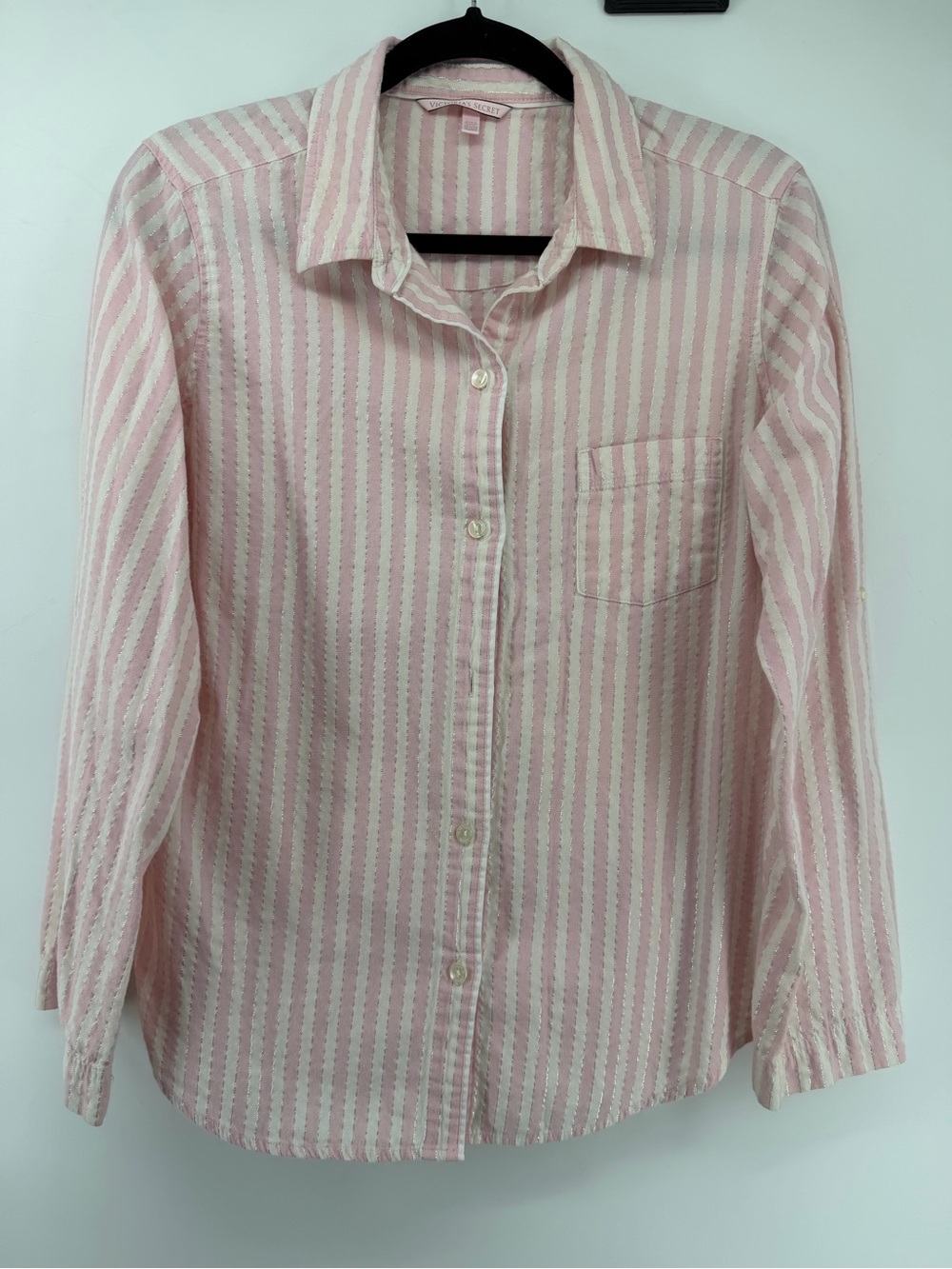 Victoria's Secret Striped Button Down Shirt Pink White Metallic Lurex Size M